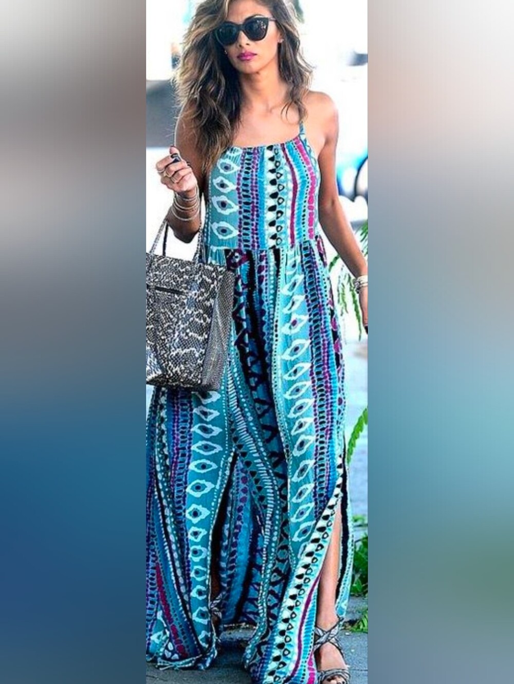 Somedays Lovin "Liar Liar" Blue Tribal Print Maxi Dress w/ double side slits L